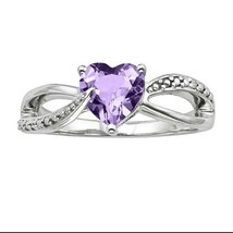 Sterling Silver Simulated Amethyst and Diamond Heart Bypass Ring Womens Day Gift - £52.30 GBP