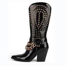 Ew punk style western cowboy boots women s shoes thick heel tip rivet belt buckle black thumb200