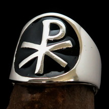 Round Sterling Silver Mens Ring Christian Monogram Chi Rho PX Black - £42.53 GBP