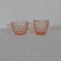 Jeanette Cube Pink Glass Creamer Open Sugar Bowl Footed Rays 2.75&quot; tall Vintage - £15.30 GBP