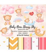 Baby Bear Starry Watercolor Clipart Set_Girl, Pink, Nursery, Babyshower,... - £6.29 GBP