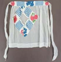 VTG Chiffon Hand Made Half Apron White  Apple Blueberries Print Folk Art Kitchen - £8.11 GBP