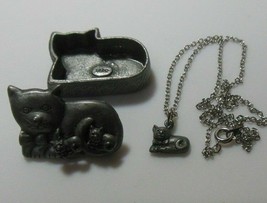 Vintage Torino Pewter Cat Trinket Box W/ Brooch Necklace &amp; Earrings - £26.58 GBP