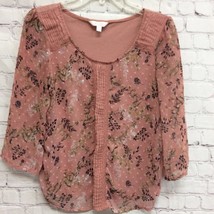 Lc Lauren Conrad Womens Blouse Pink Floral 3/4 Sleeve Scoop Pintuck Lace Trim M - £12.07 GBP