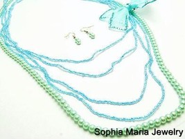 Victorian aqua blue elegant pearl ribbon layered necklace set costume jewelry - £9.54 GBP