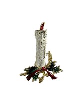 Vintage Christmas Brooch Pin Candle Candlestick Red Bow Holly Leaves 2&quot; ... - £11.89 GBP