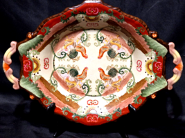 Vtg Chinese Polychrome Hua Ping Tang Enamel Porcelain Double Handle Rooster Tray - £38.64 GBP