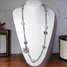 Vintage Silver Tone Flower Butterfly Charm Chain Faux Pearl Necklace 28&quot; - £5.32 GBP