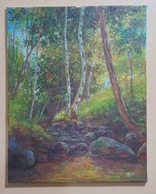 Original painting, acrylic paint on canvas nature scenery, trees, stream, forest - £199.83 GBP