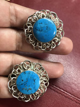 Rare Vintage Taxco Heavy Large Mexico sterling silver turquoise clip-on earrings - £195.46 GBP