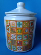 Vintage Painted Glass Cookie Jar Canister w Patchwork Applique Screenprint 1970s - £23.93 GBP