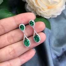 2Ct Oval Cut Lab-Created Emerald Halo Drop Dangle Earrings 14k White Gold Plated - £132.33 GBP