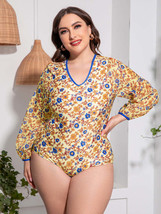 Plus Size Floral Open Back Long Sleeve One-Piece Swimsuit - £23.25 GBP