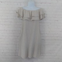 Oddy Dress Womens Small Beige Linen Blend Off The Shoulder Ruffle Pockets Mini - $24.97