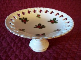 LEFTON Holly Round Compote White with Red Berries Gently Used Vintage Condition - £6.20 GBP