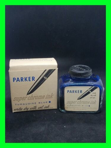 Original Vintage Parker Super Chrome Blue-Black Ink With Original Box Half Full  - $39.59