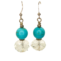 Sterling Silver 925 Pierced Earrings Hook Faux Turquoise Crystal Beads Drop 1.5&quot; - £9.03 GBP