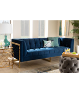Herald Royal Blue Velvet Fabric Button Tufted Gold Sofa w/Gold-Tone Frame - $22,374.09 MXN