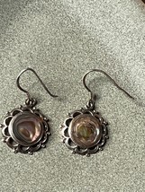 Estate 925 Marked Round Abalone in Silver Lacey Flower or Sun Frame Dangle Earri - £11.86 GBP