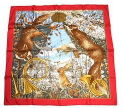 Hermes Scarf Chasse au Bois 90 cm silk red Carre fox animal hunter 35&quot; - £462.33 GBP