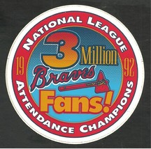 Atlanta Braves 1992 3 Million Fans Window Decal National League Attendance Champ - £1.60 GBP