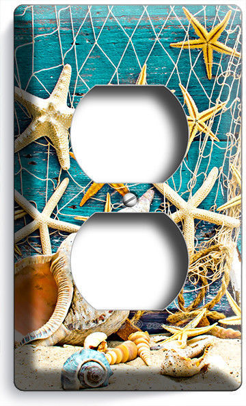 RUSTIC WORN OUT WOOD NAUTICAL SEA SHELLS FISH NET OUTLET PLATE BEACH HOUSE DECOR
