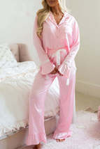 Light Pink Satin Shirt and Ruffle Hem Pants Pajama Set - $49.89