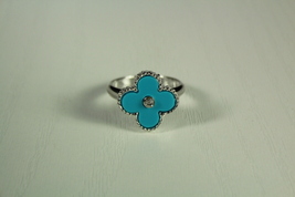 Turquoise Flower Motif Silver Plated Ring with Cubic Zirconia - $55.00