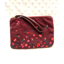 Old Navy Burgundy Embroidered Floral Faux Suede Wristlet - £9.38 GBP