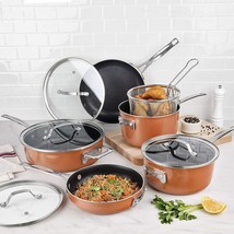 Pots and Pans Set 10-Piece Copper Cast Stackable Cookware Nonstick Frying Basket - £153.49 GBP