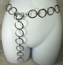 Vintage 80&#39;s Hippie Boho Silver Bronze Metal Circle Chain Womens Belt Si... - £13.16 GBP