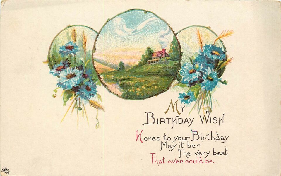 Embossed DB Postcard K036 Birthday Wish Circle Vignettes Blue Carnations... - $4.95