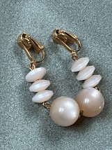 Light Tan Plastic Moonglow Disk &amp; Bead Dangle Clip Earrings – 1 and 7/8th’s x 3/ - £8.85 GBP
