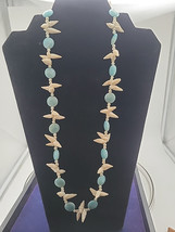 24&quot; Aqua &amp; Shell Necklace Semiprecious Stone Quartz? Unique Beach Vintag... - $22.24