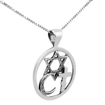 925 Sterling Silver Pendant Necklace w/ 3 Faith Cross Magen David Cresce... - $33.95