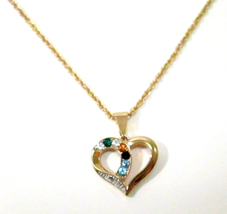 Gold Tone Heart Pendant Necklace with Rhinestones Marked China 20&quot; Chain - £9.59 GBP