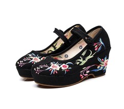 Flowers Embroidered Women Cotton Fabric Chunky High Heels Ankle Strap Ladies Cas - £40.02 GBP