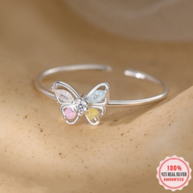 Fine 18K 925 Sterling Silver Cute Zircon Butterfly Adjustable Ring (Size 6-8) - £12.58 GBP