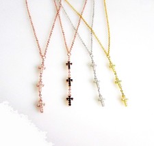 NEW Authentic 925 sterling silver dainty thin silver chain 3 pcs mini cz cross l - £14.38 GBP