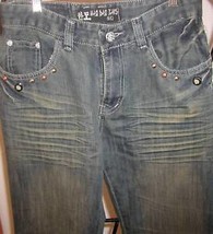 Unique brand new denim jeans 32x33 dark wash trendy unique distressed ho... - $25.00