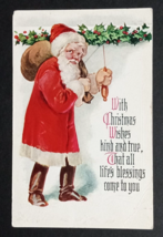 With Christmas Wishes Kind and True Santa Holly Embossed Antique Postcard c1910s - £6.29 GBP