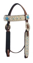 Western Horse Leather Bridle Headstall White Hair on Cowhide w/ Turquoise Stones - £36.61 GBP