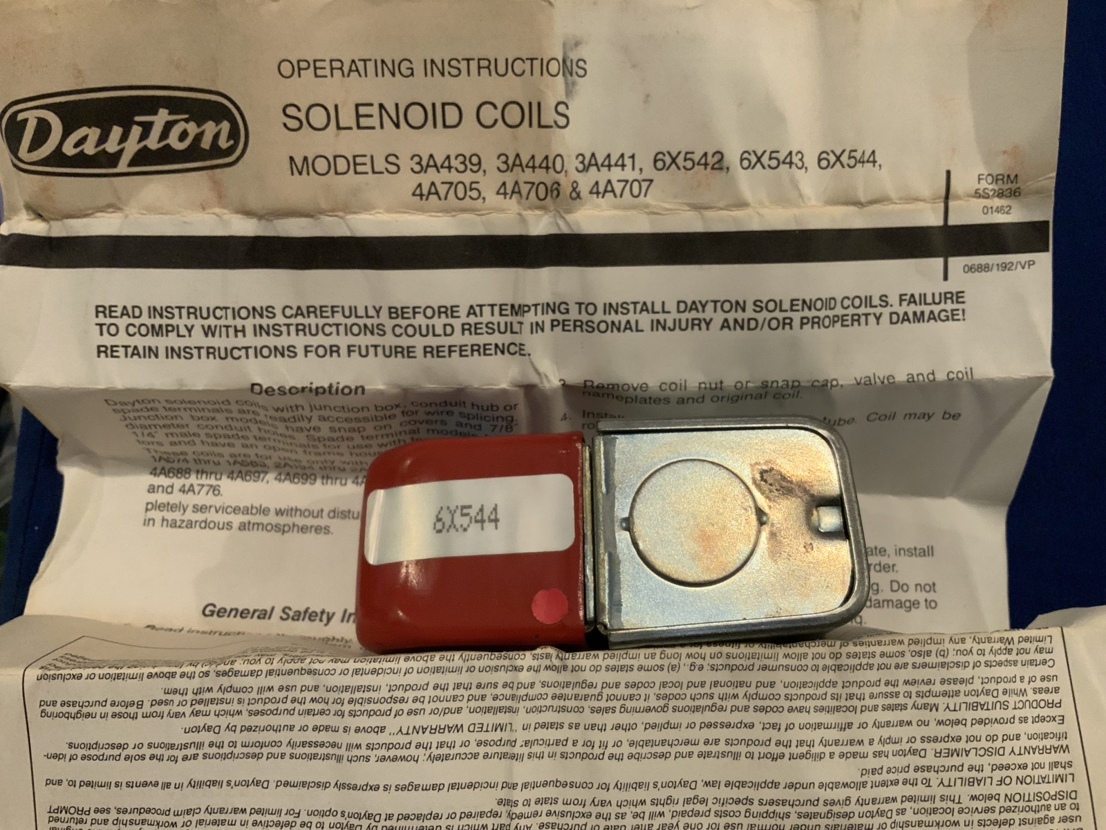 Dayton SOLENOID COIL 6X544, w/operating instruc., SEE PICTURES FOR DESCR... - $19.59