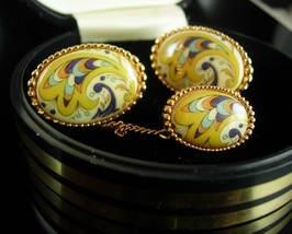 Hippie Cufflinks Paisley 60&#39;s Original box Vintage Enamel jewelry Wedding gold d - £153.39 GBP