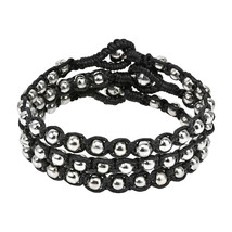 Set of 3 Black Cotton Wax Rope Silver Beads Radiance Bracelet - $11.87