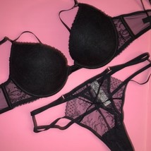 Victoria&#39;s Secret 32DD, 32DDD, 34C Conjunto Sujetador S Tanga Tiras Encaje Negro - £66.45 GBP