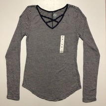 NWT  SO Women’s Navy Blue &amp; White Striped Long Sleeve Cozy Cross Top size M - $11.30