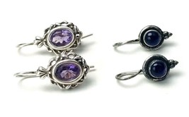 Lot of Two Pair 925 Sterling Silver Purple Amethyst Pierced Earrings - £34.25 GBP