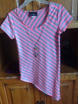 Say Anything Junior Medium, Pink Gray Striped Offset Shirt - £7.86 GBP