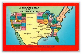 Comic Texan&#39;s Map Of the United States Texas TX UNP Chrome Postcard M20 - £3.12 GBP